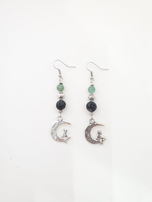 Cat on Moon with Aventurine Lava Bead Diffuser Earrings