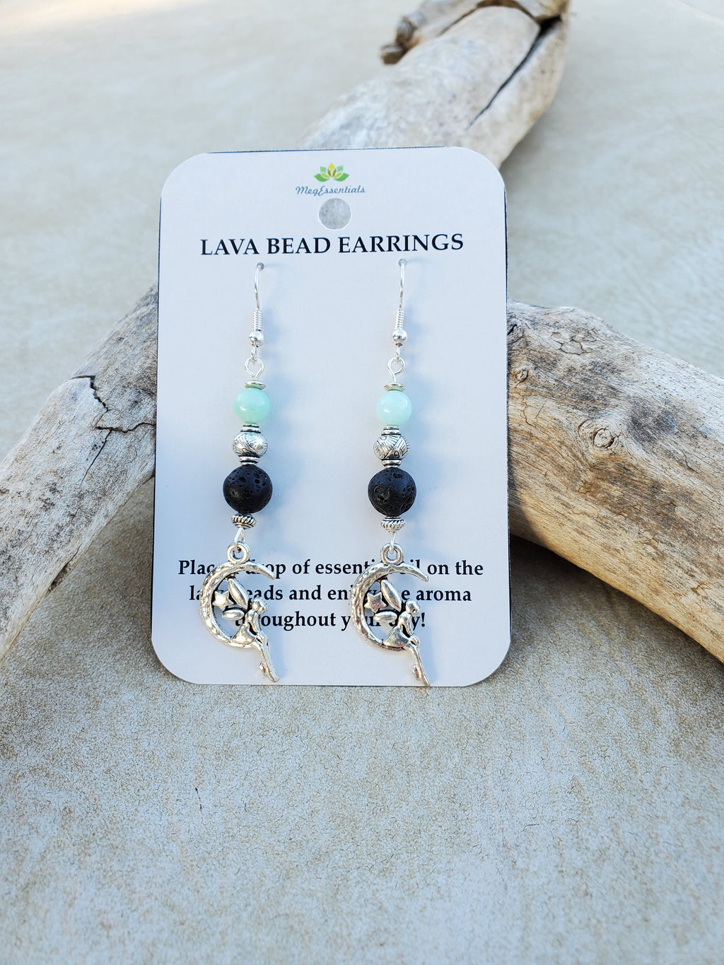 Fairy on Moon with Amazonite Lava Bead Diffuser Earrings