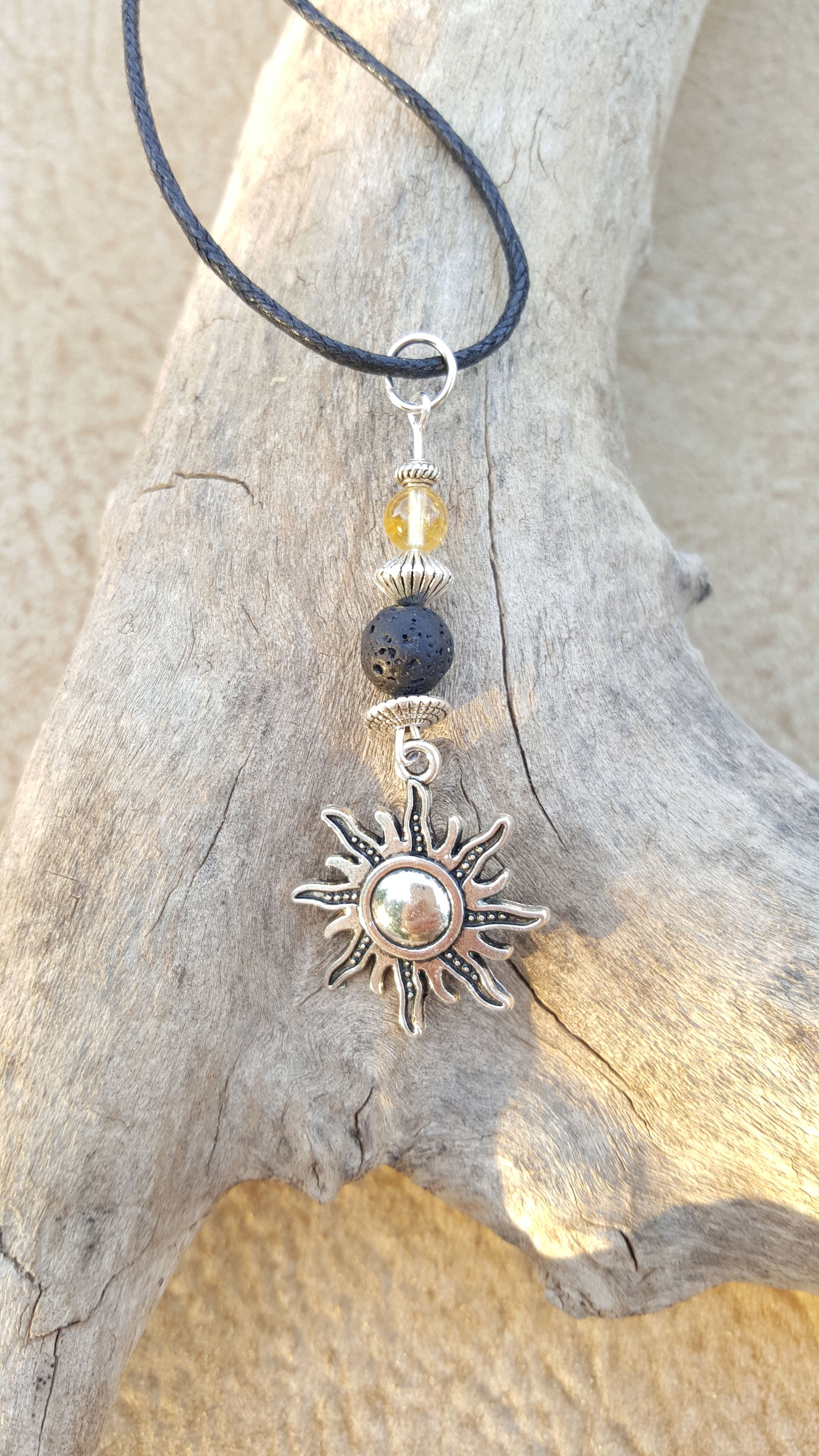 Silver Sun Citrine Lava Bead Diffuser Necklace