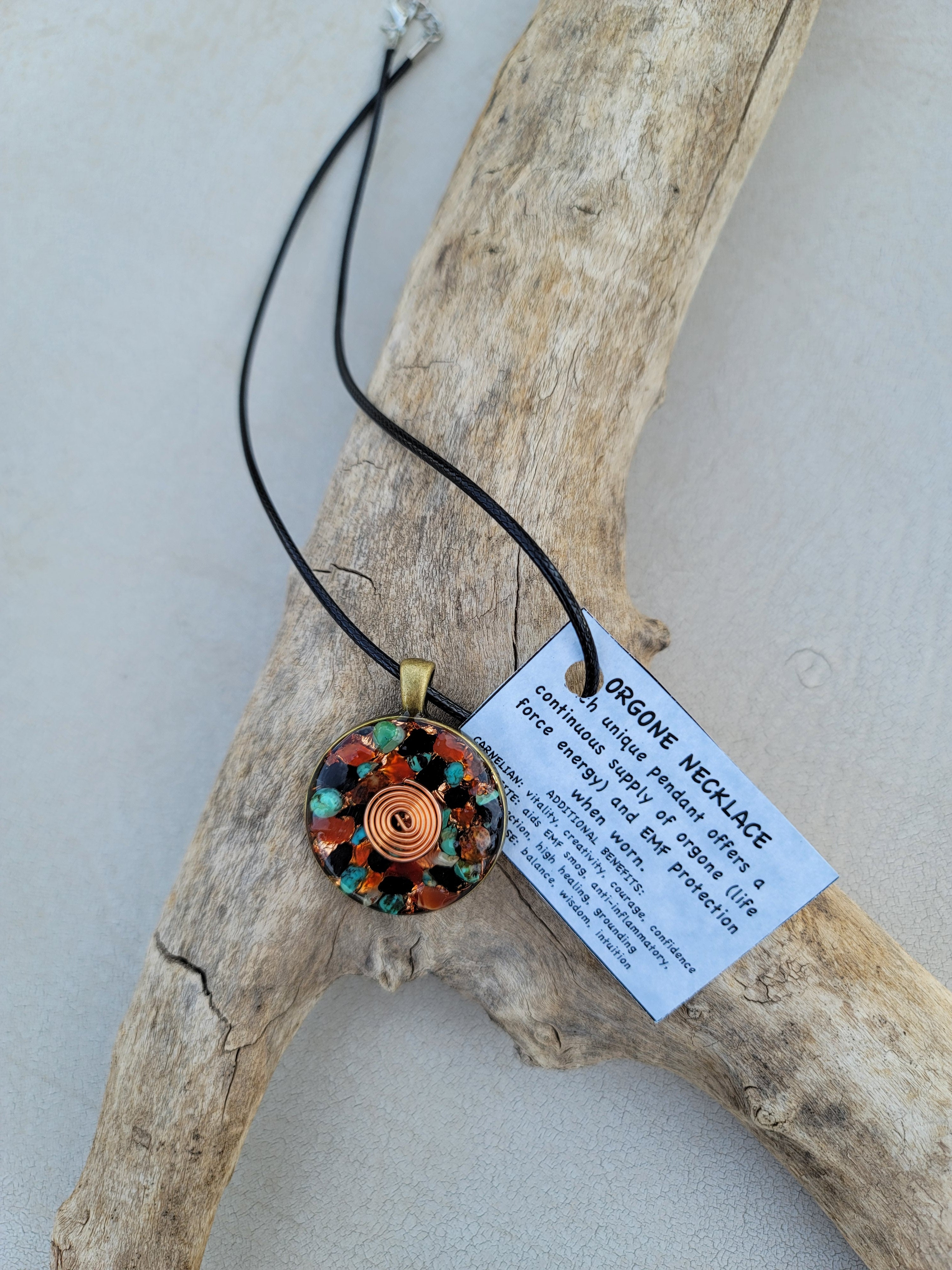 Chi Enhancing Necklace — Carnelian, Shungite, Turquoise with Spiral