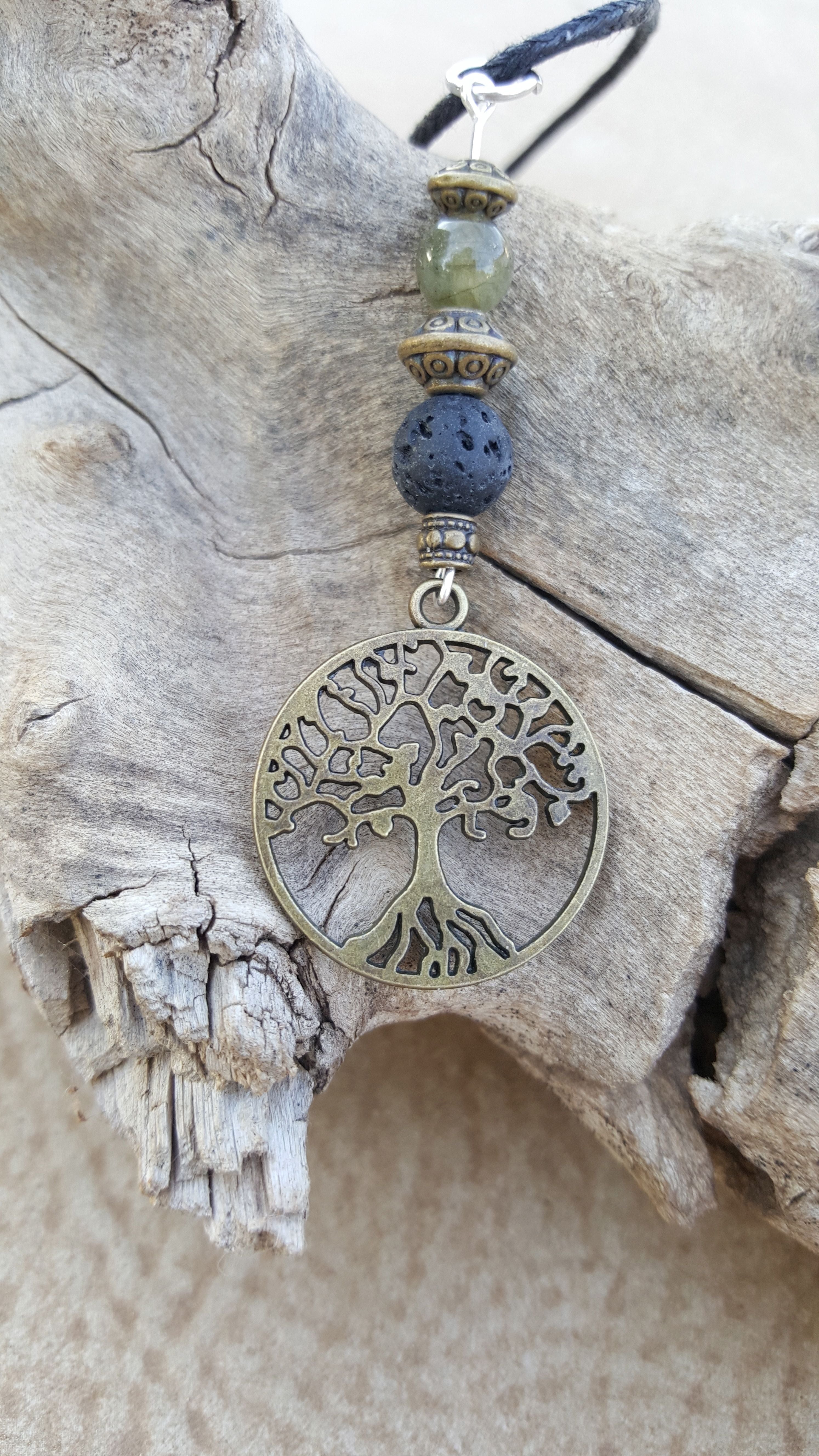 Bronze/Silver Tree of Life Labradorite/Green Aventurine Lava Bead Diffuser Necklace