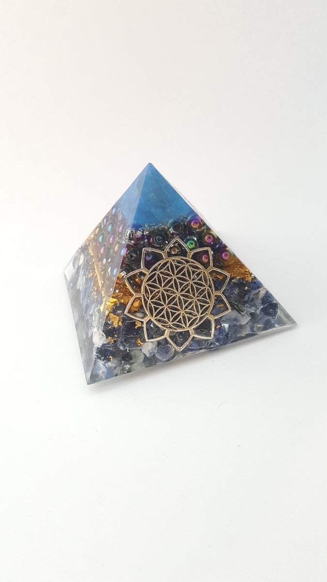 Chi Enhancing Pyramid — Large Blue Rainbow Hematite with Flower of Lif ...