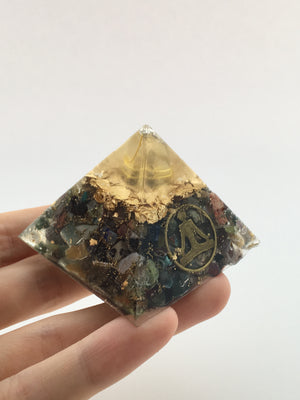 Chi Enhancing Pyramid — Small Mixed Gemstone with Bronze Yoga Pose
