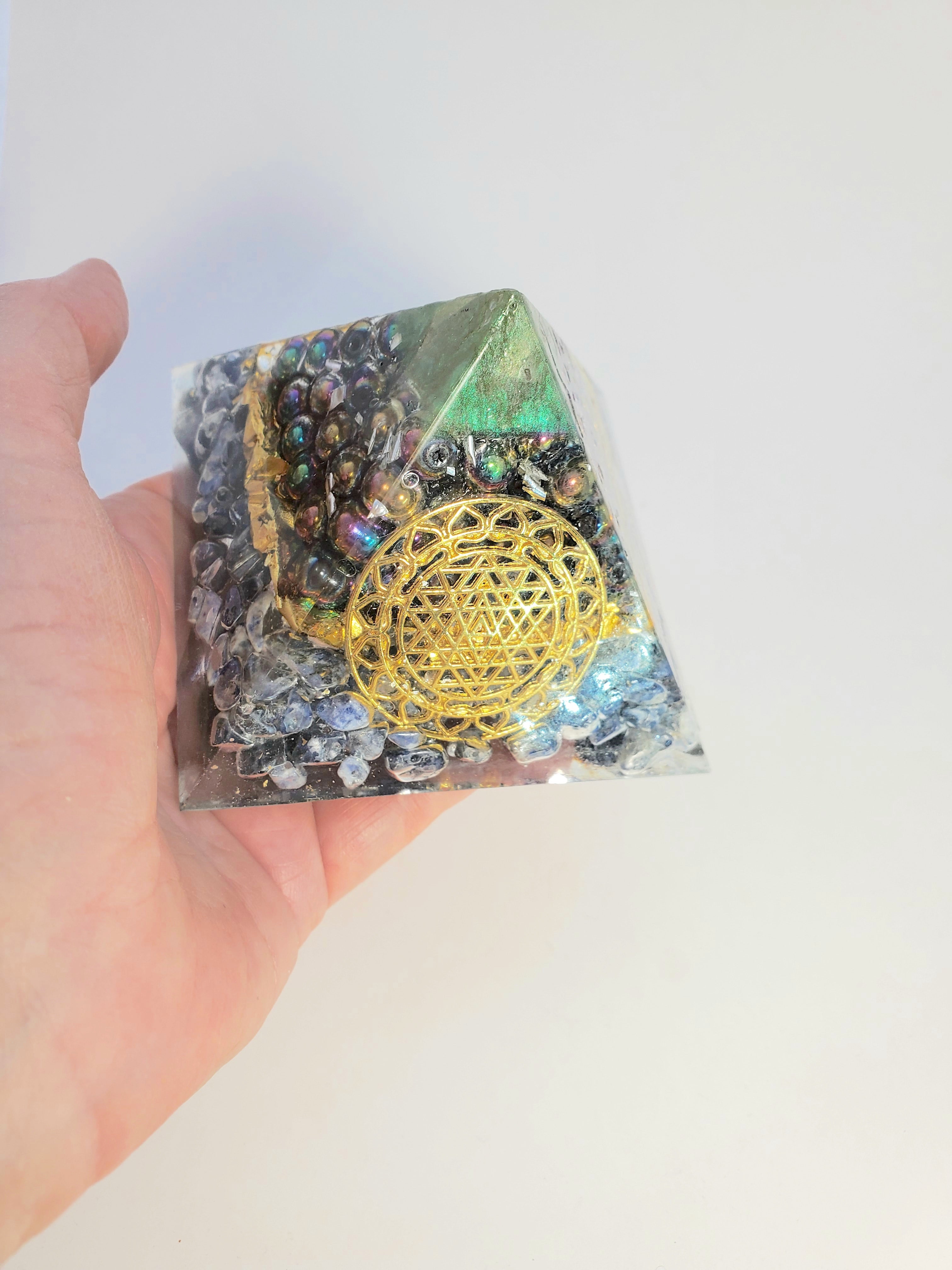 Chi Enhancing Pyramid — Large Green Rainbow Hematite with Sri Yantra