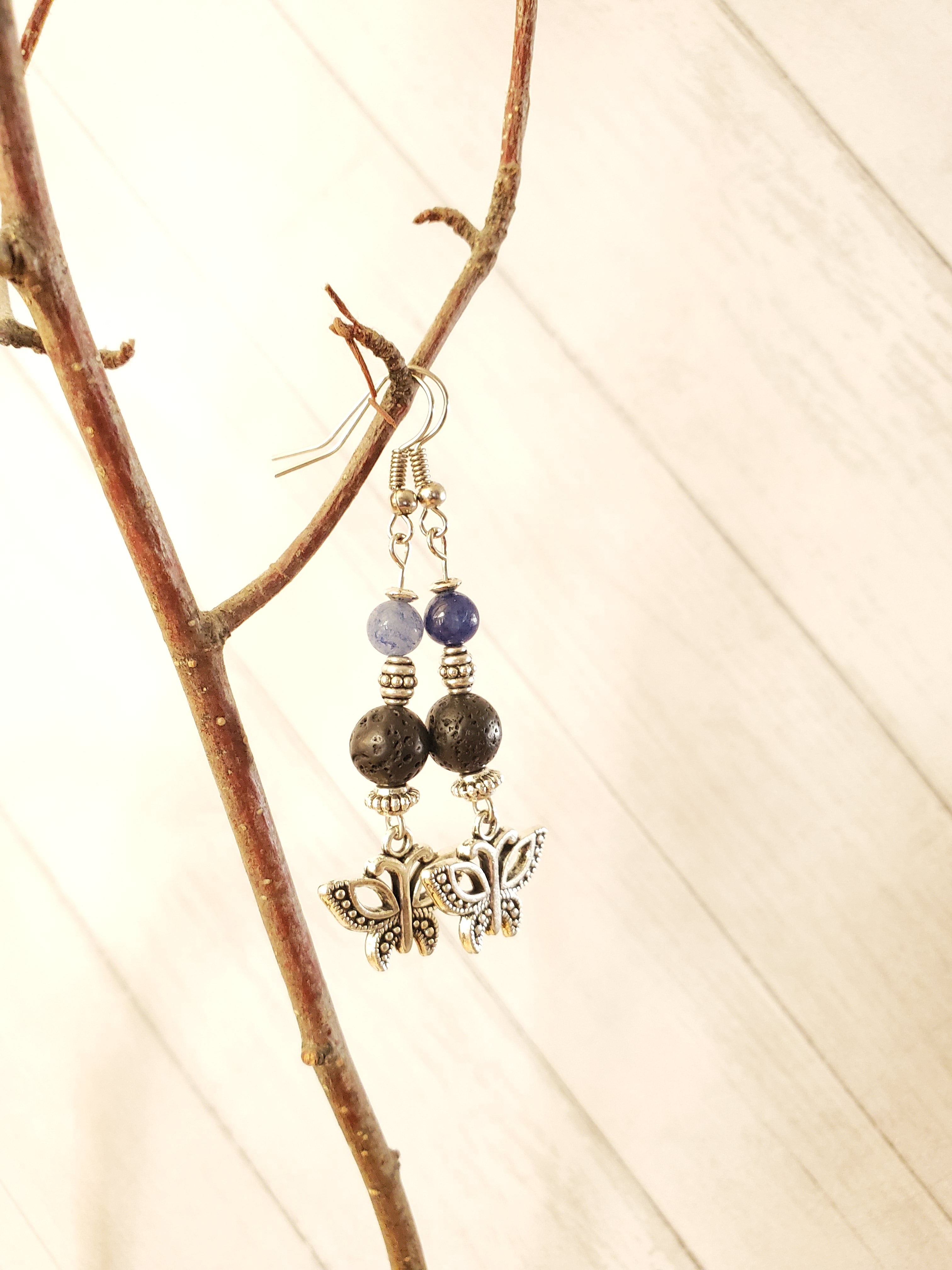 Butterfly with Blue Aventurine Lava Bead Diffuser Earrings