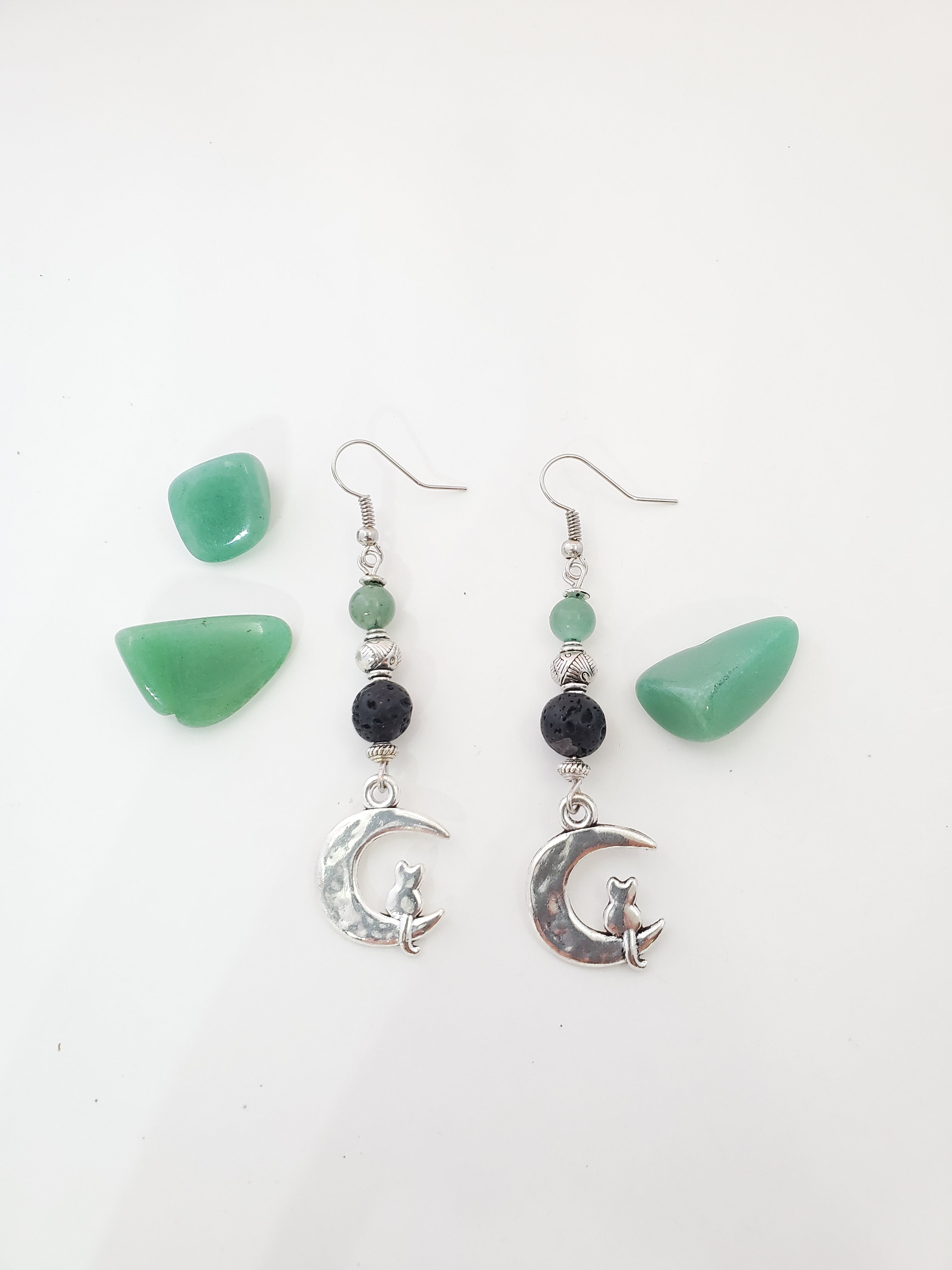 Cat on Moon with Aventurine Lava Bead Diffuser Earrings