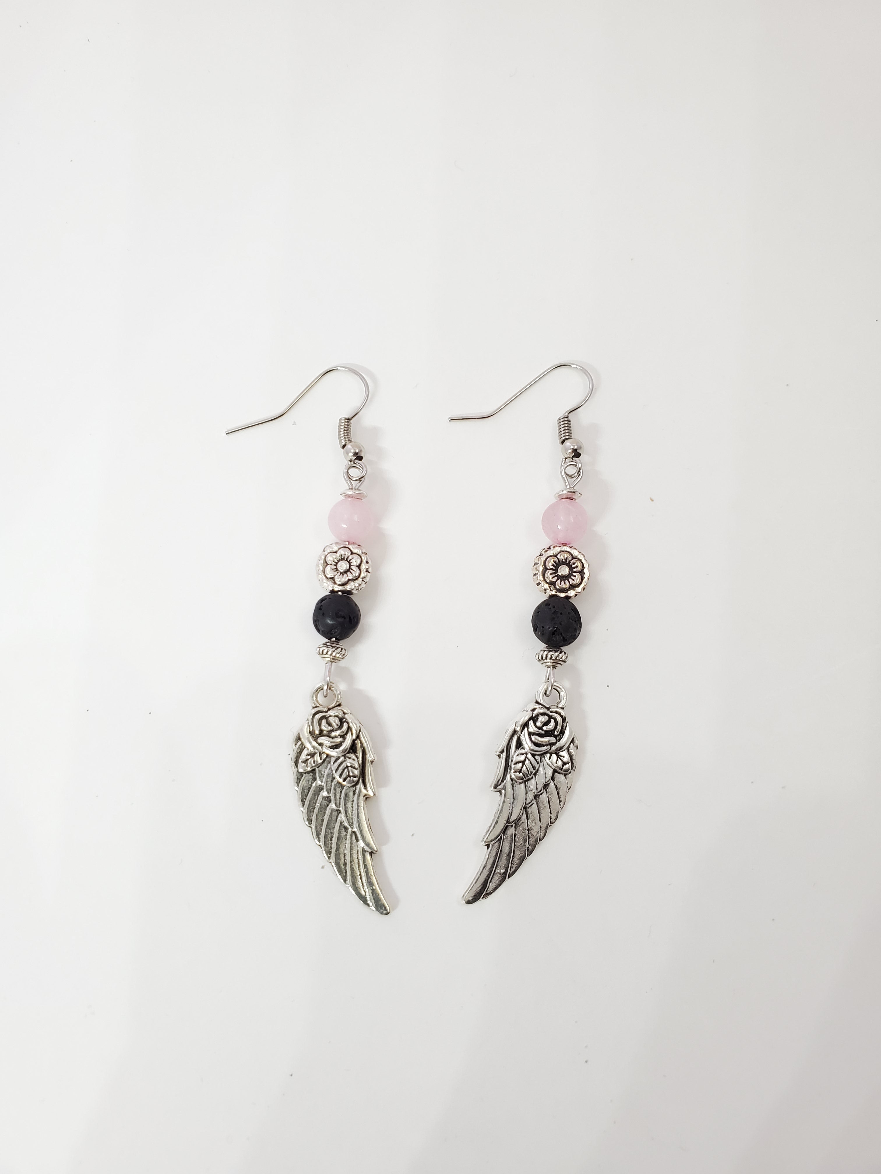 Angel Wing with Rose Quartz Lava Bead Diffuser Earrings