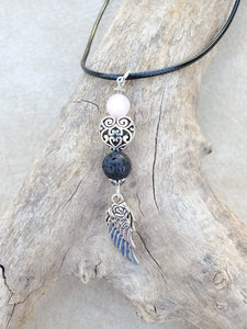 Angel Wing Heart Rose Quartz Lava Bead Diffuser Necklace
