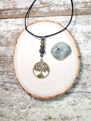 Bronze/Silver Tree of Life Labradorite/Green Aventurine Lava Bead Diffuser Necklace