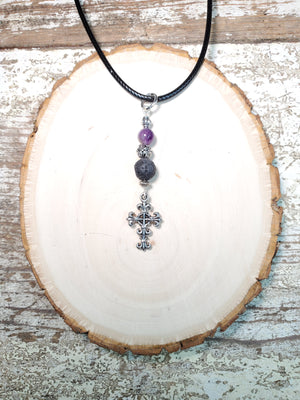 Cross Amethyst Lava Bead Diffuser Necklace