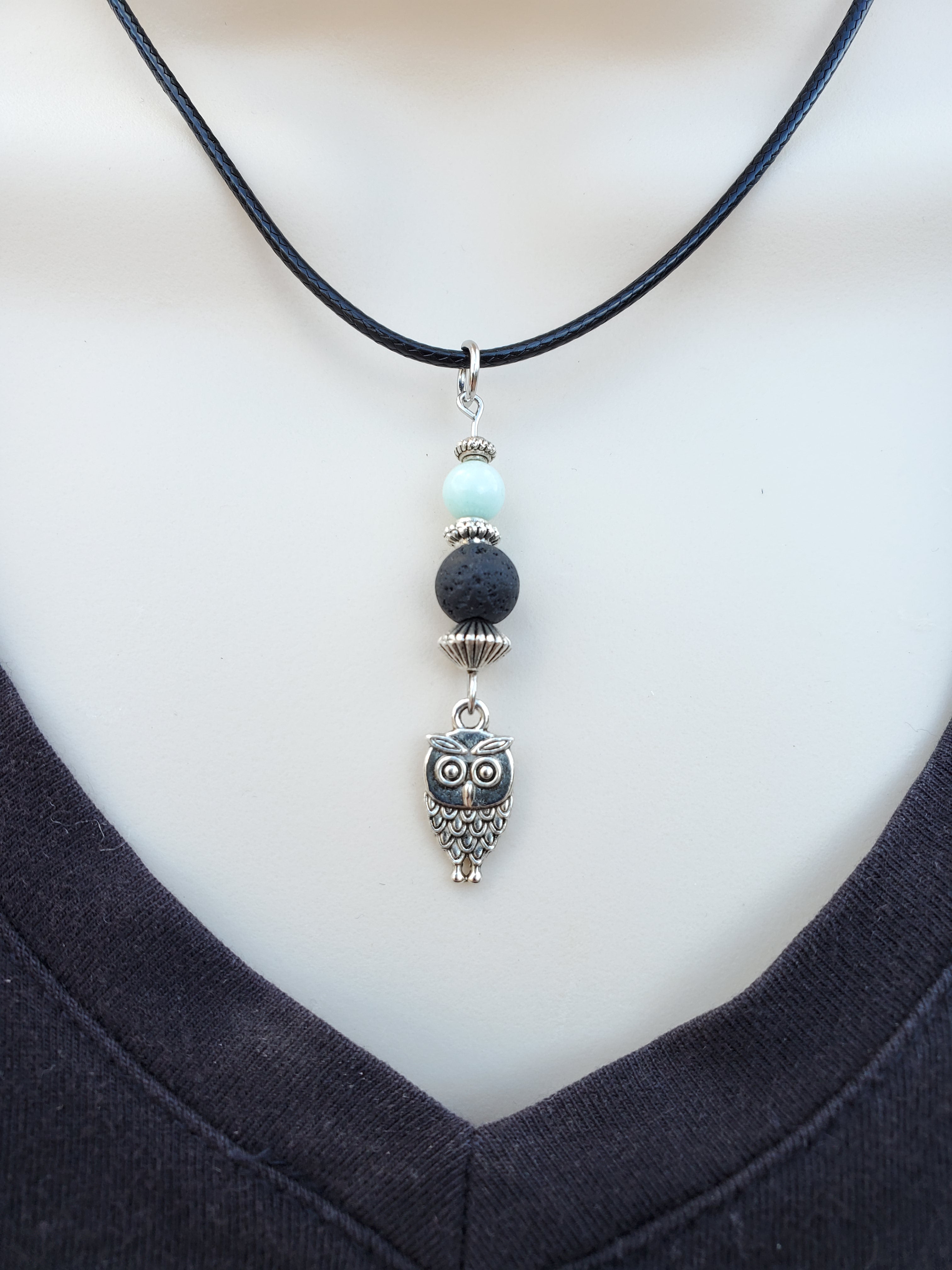 Owl with Amazonite Lava Bead Diffuser Necklace