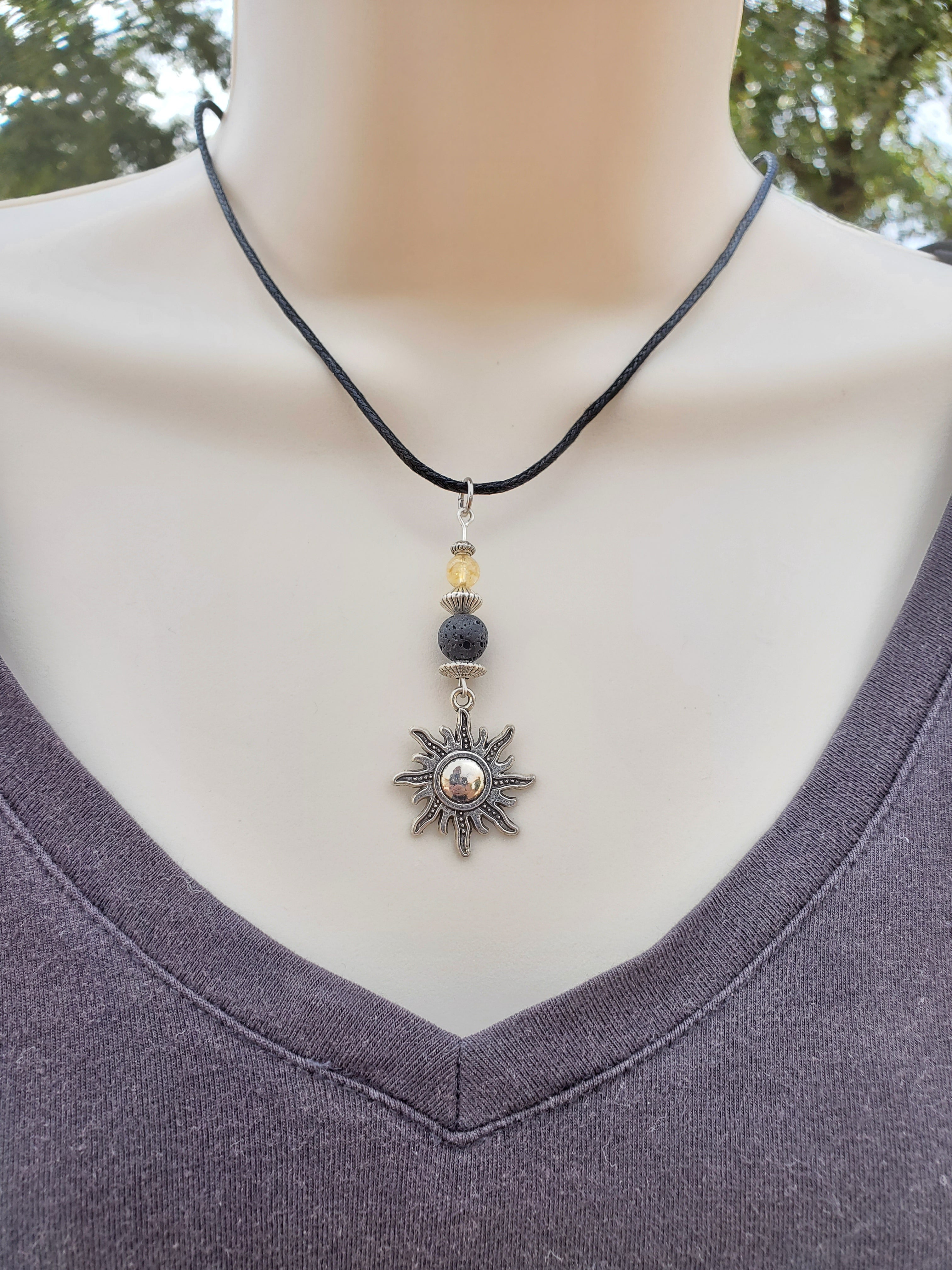 Silver Sun Citrine Lava Bead Diffuser Necklace