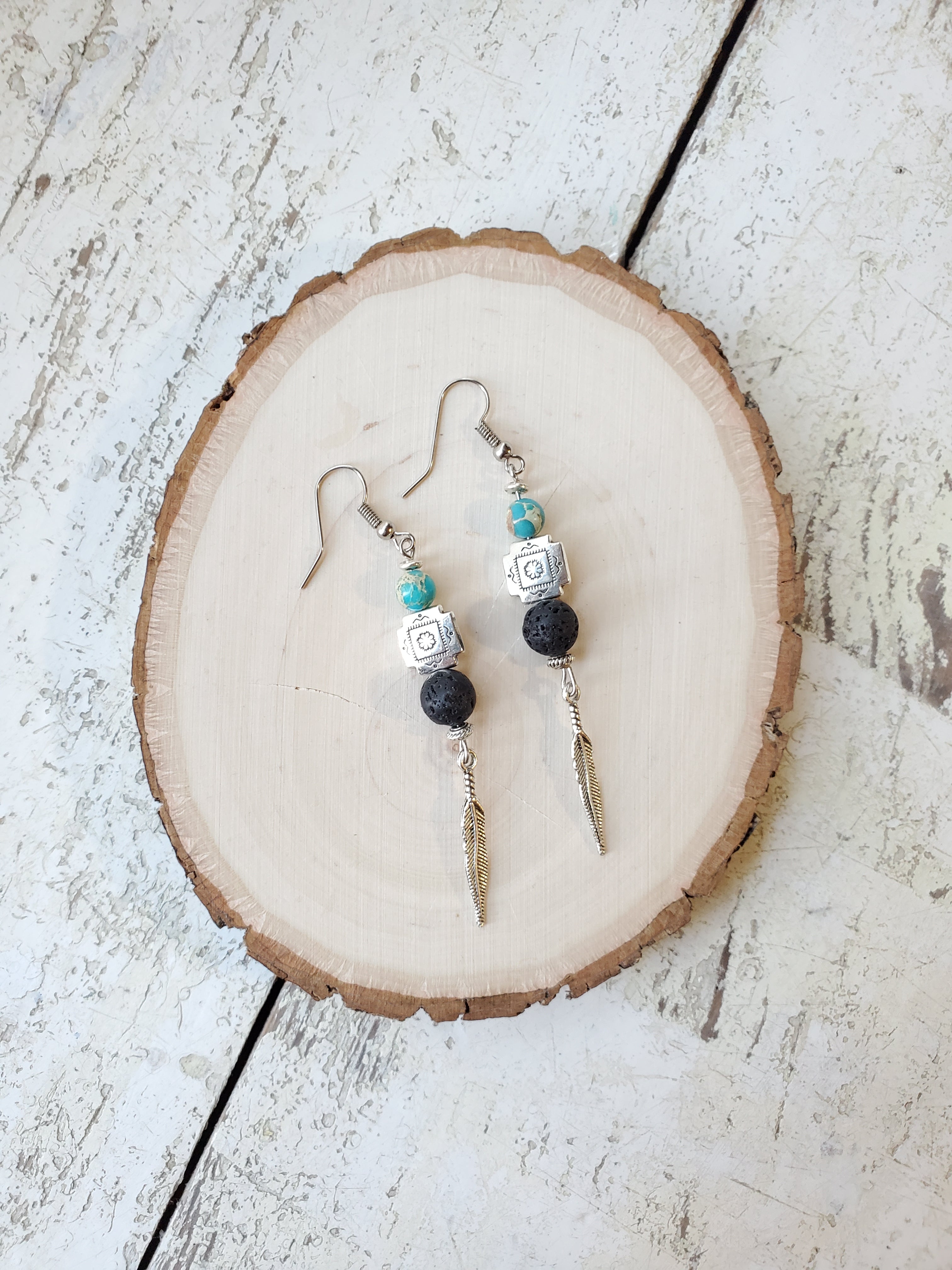 Southwestern Feather Lava Bead Diffuser Earrings with Jasper