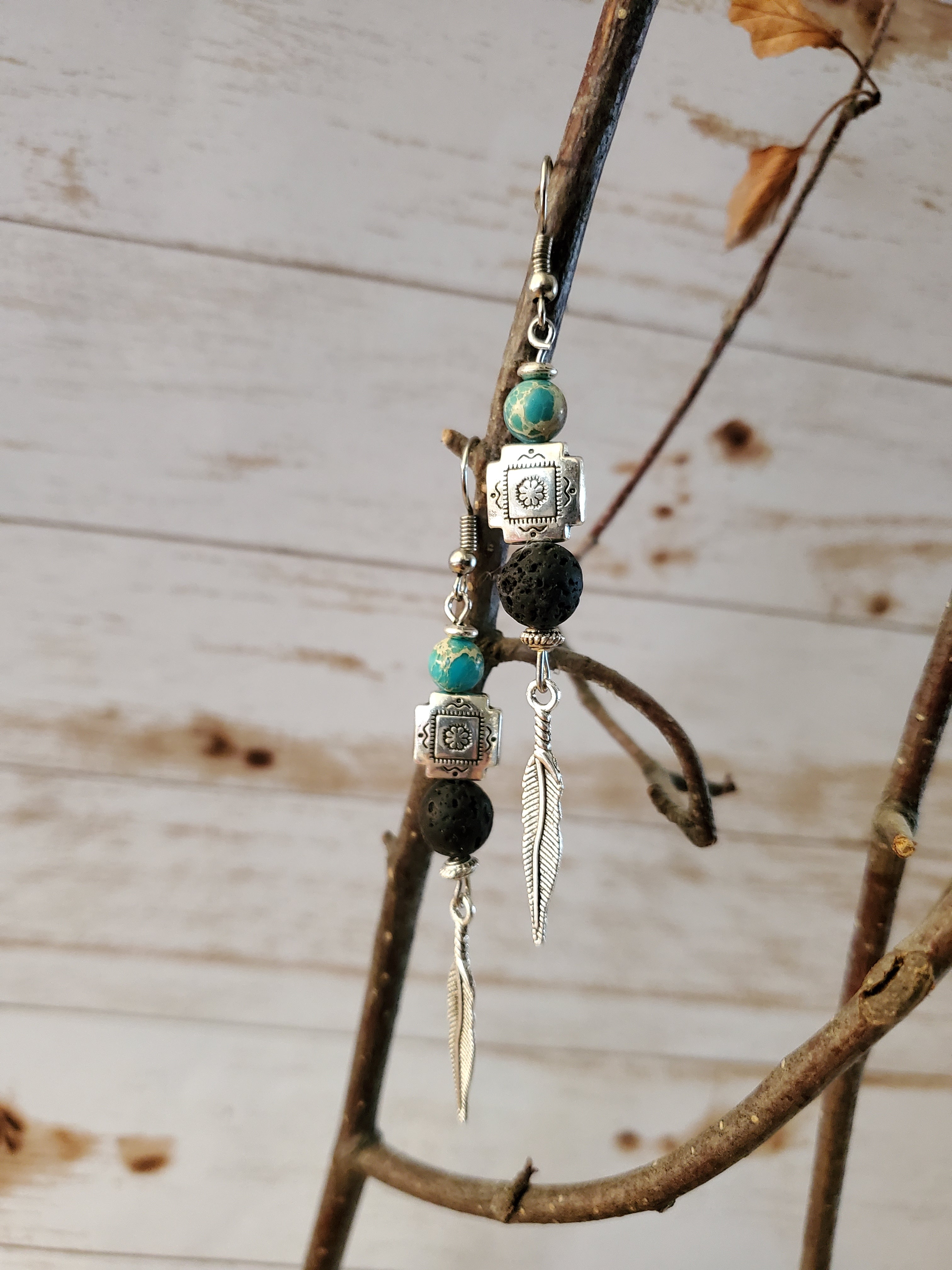Southwestern Feather Lava Bead Diffuser Earrings with Jasper