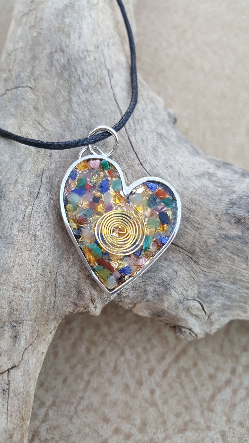 Chi Enhancing Necklace — Mixed Gemstone Heart with Spiral