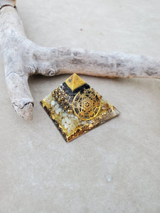 Chi Enhancing Pyramid — Large Gold Hematite with Metatron Symbol