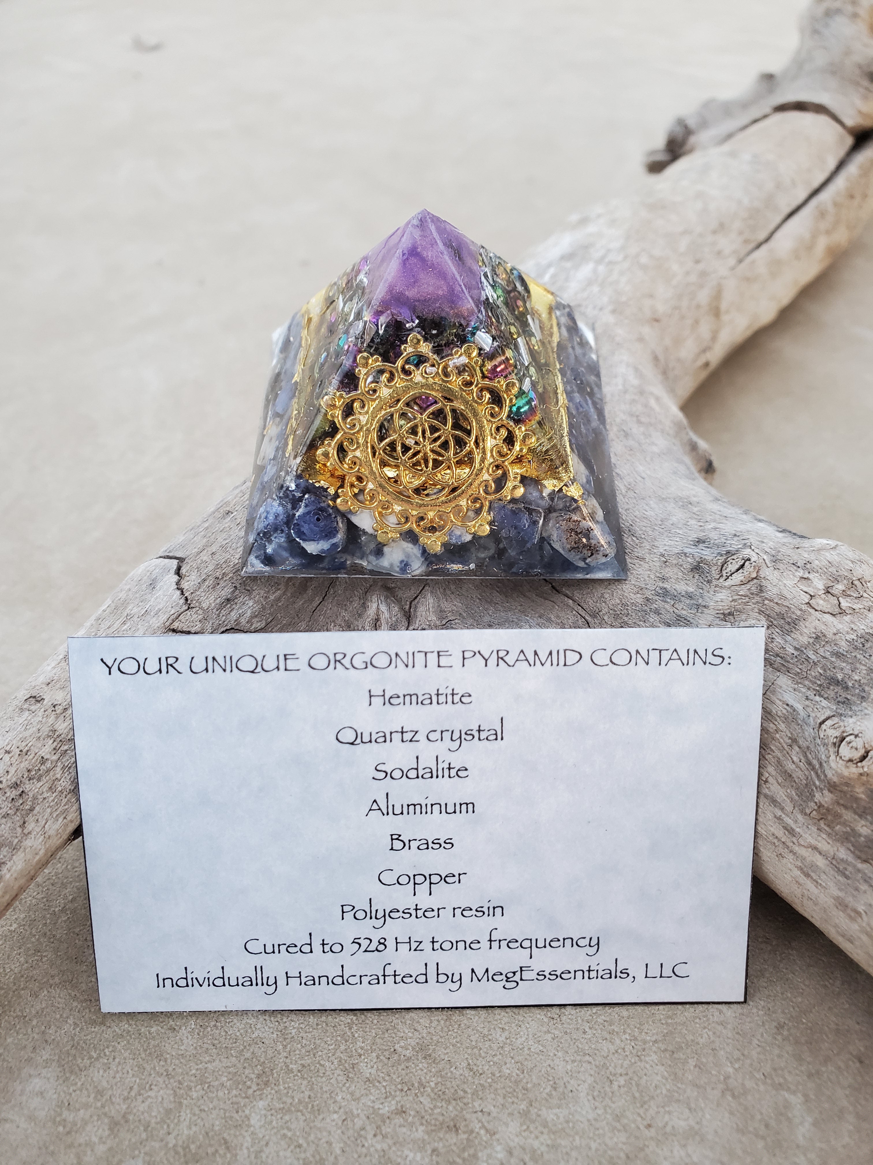 Chi Enhancing Pyramid — Small Purple Rainbow Hematite with Seed of Life