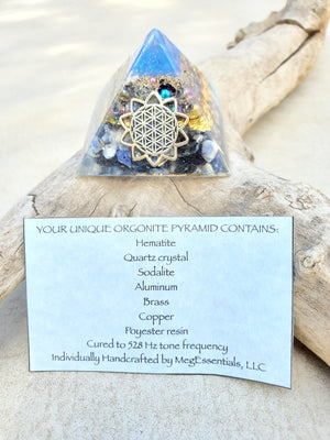 Chi Enhancing Pyramid — Small Blue Rainbow Hematite with Flower of Life